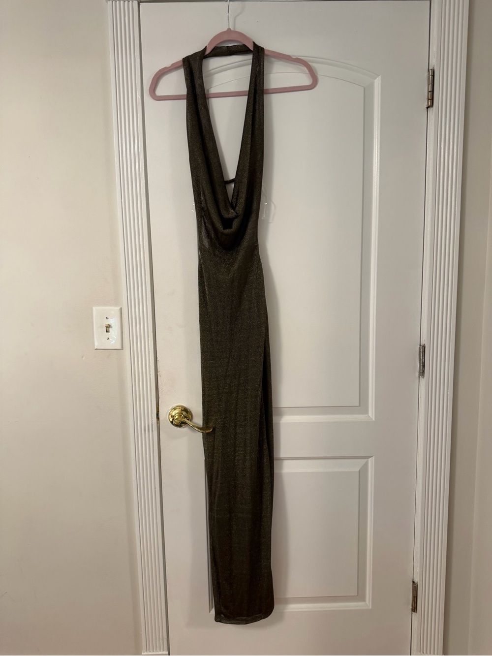 Windsor Olive Green Shimmer Backless Cowl Maxi Dress